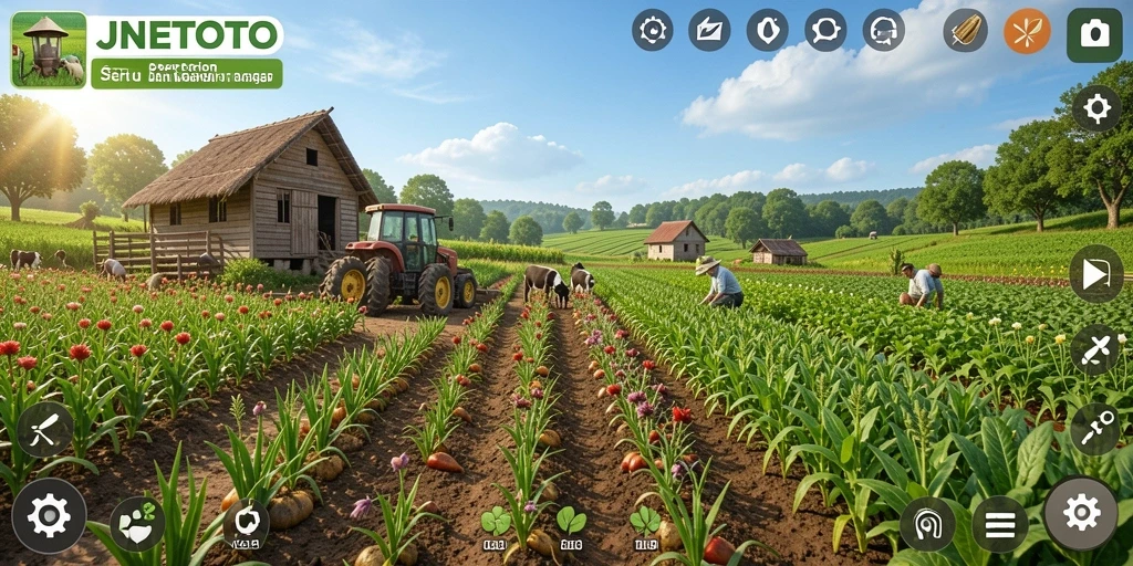Screenshot menampilkan petani merawat ladang dalam JNETOTO.
