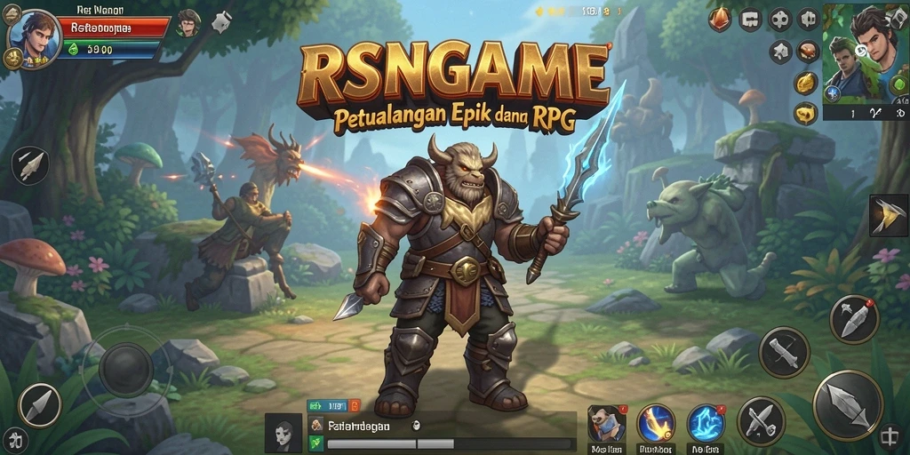 Screenshot utama menunjukkan pertarungan seru dalam dunia RPG.